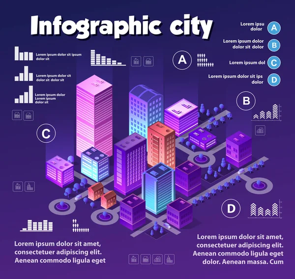 Isométrico Neon Cidade Infográficos Cores Violetas Edifício Moderno Cidade Rua Ilustração De Stock