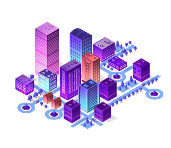 Изометрический Набор Фиолетовых Цветов Города Строит Современную Городскую Улицу Городскую Стоковая Иллюстрация