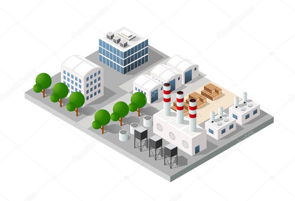 Isometric 3D city module industrial urban factory which includes buildings, power plants, heating gas, warehouse. Flat map isolated infographic element set structures