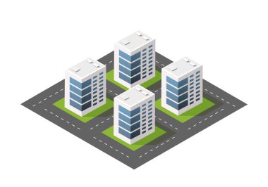 Şehir mimarisinden tasarım oyunu ve iş şekli arka planı için modern illüstrasyon Isometric modül şehri.