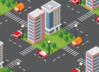 Kusursuz şehir planı haritası. Şehir binalarının, gökdelenlerin, caddelerin ve ağaçların Isometric manzara yapısı.