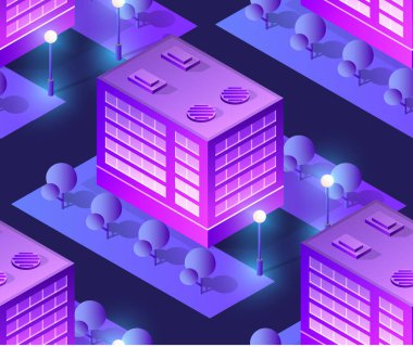 Kusursuz şehir planı haritası. Şehir binaları, gökdelenler, sokaklar ve ağaçların Isometric gece ultraviyole manzara yapısı.