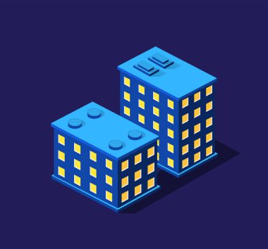 Mor ultraviyole zemin üzerine kurulu akıllı bir 3 boyutlu illüstrasyon şehri. İzometrik bina sokak mimarisinden modern mor gece tarzı.