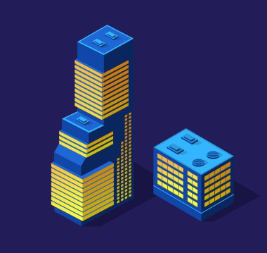 Mor ultraviyole zemin üzerine kurulu akıllı bir 3 boyutlu illüstrasyon şehri. İzometrik bina sokak mimarisinden modern mor gece tarzı.