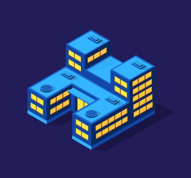 Isometric mor ultra manzara gelecekteki şehir konsepti menekşe neon tarzı, ultraviyole 3d modern bina tasarımı. Modern iş geçmişinin vektör illüstrasyonu.