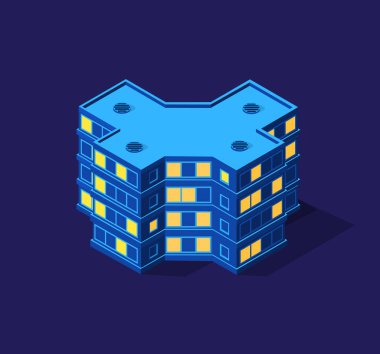 Isometric mor ultra manzara gelecekteki şehir konsepti menekşe neon tarzı, ultraviyole 3d modern bina tasarımı. Modern iş geçmişinin vektör illüstrasyonu.
