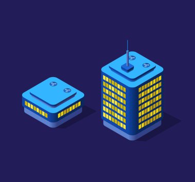 Isometric mor ultra manzara gelecekteki şehir konsepti menekşe neon tarzı, ultraviyole 3d modern bina tasarımı. Modern iş geçmişinin vektör illüstrasyonu.