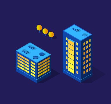 Isometric mor ultra manzara gelecekteki şehir ağacı konsepti menekşe neon tarzı, ultraviyole 3d modern bina tasarımı. Modern iş geçmişinin vektör illüstrasyonu.