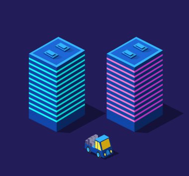 Isometric mor ultra manzara gelecekteki şehir arabası konsepti menekşe neon tarzı, ultraviyole 3d modern şehir sokak tasarımı. Modern iş geçmişinin vektör illüstrasyonu.