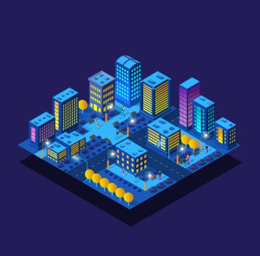 Yürüyen Isome 'lı insanlar mor ultra manzaralı gelecekteki şehir ağacı konsepti menekşe neon tarzı kentsel caddenin ultraviyole 3d modern tasarımı. Modern çağın vektör illüstrasyonu