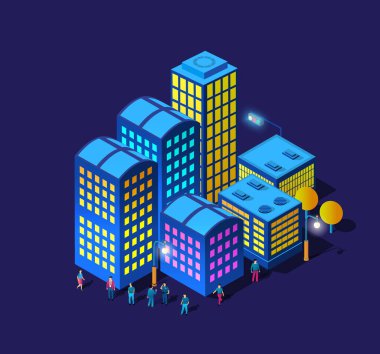 Gece akıllı şehir yürüyüşü insanları 3D gelecekteki neon morötesi şehir altyapısı izometrik binalar. Vektör tasarımı grafiklerinin kavramsal yerleşim yeri çizimi.