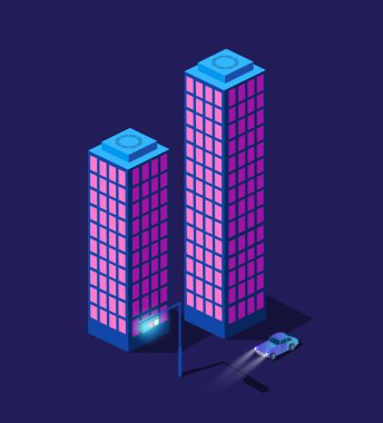 Gece akıllı şehri 3D geleceğin ultraviyole ötesi şehir altyapısı izometrik binaları. Vektör tasarımı grafiklerinin kavramsal yerleşim yeri çizimi.