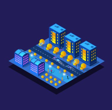 Gece, neon, mor renkli akıllı modül blok bölge şehri gelecekteki ultraviyole altyapı izometrik binalar. Vektör tasarımı grafiklerinin kavramsal yerleşim yeri çizimi.