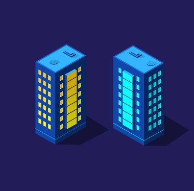 Gece akıllı şehri 3D geleceğin ultraviyole ötesi şehir altyapısı izometrik binaları. Vektör tasarımı grafiklerinin kavramsal yerleşim yeri çizimi.