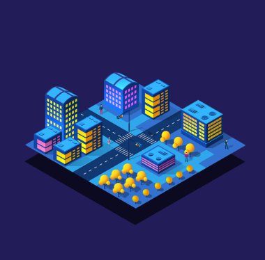 Gece akıllı modül blok semti 3D gelecekteki neon ultraviyole şehir altyapısı izometrik binalar. Vektör tasarımı grafiklerinin kavramsal yerleşim yeri çizimi.