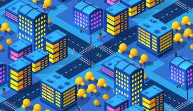 Gece akıllı şehrin pürüzsüz arka plan şablonu. Geleceğin 3 boyutlu neon ultraviyole seti. Şehir altyapısı izometrik binalar. Vektör tasarımı grafiklerinin kavramsal yerleşim yeri çizimi.