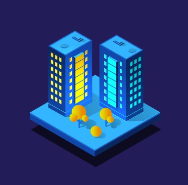 Gece akıllı şehri 3D geleceğin ultraviyole ötesi şehir altyapısı izometrik binaları. Vektör tasarımı grafiklerinin kavramsal yerleşim yeri çizimi.