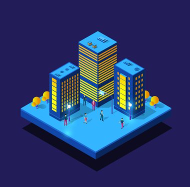 Sokakları ve ulaşımı olan izometrik binalardan oluşan akıllı şehir gecesi ultraviyole ışınları. Vektör tasarımı grafiklerinin kavramsal resim kasabası illüstrasyonu.