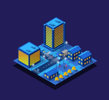 Sokakları ve ulaşımı olan izometrik binalardan oluşan akıllı şehir gecesi ultraviyole ışınları. Vektör tasarımı grafiklerinin kavramsal resim kasabası illüstrasyonu.