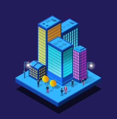 Akıllı şehir gecesi, sokakları ve ulaşımı olan izometrik binalarda yaşayan ultraviyole ışınlar. Vektör tasarımı grafiklerinin kavramsal resim kasabası illüstrasyonu.