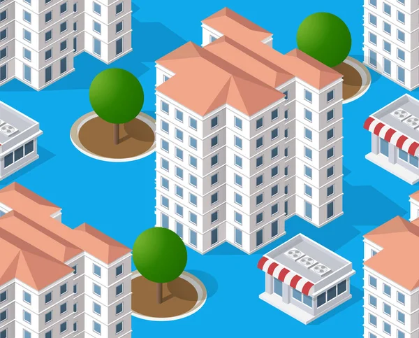 The seamless pattern is the background of the isometric city infrastructure of city homes, buildings, streets of houses. Stock 3D illustration
