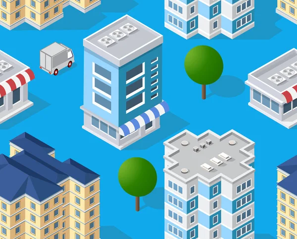 The seamless pattern is the background of the isometric city infrastructure of city homes, buildings, streets of houses. Stock 3D illustration