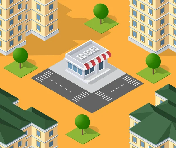 The seamless pattern is the background of the isometric city infrastructure of city homes, buildings, streets of houses. Stock 3D illustration