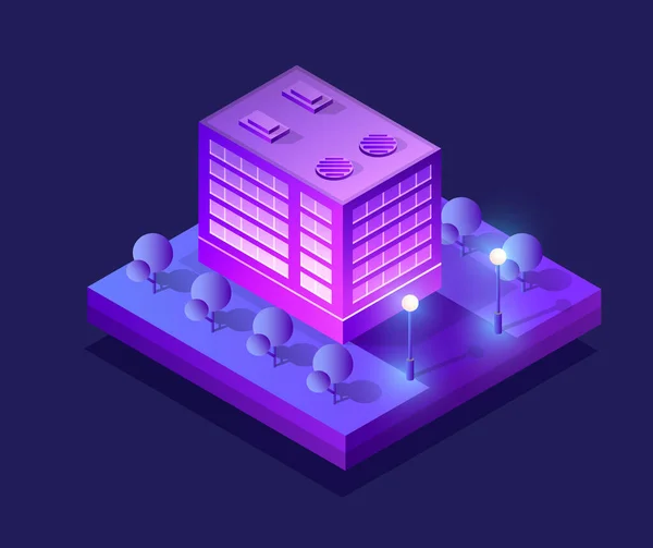 等距超城市概念的紫罗兰风格 是紫外光3D现代城市街道设计的建筑 现代商业背景的矢量图解 — 图库矢量图片