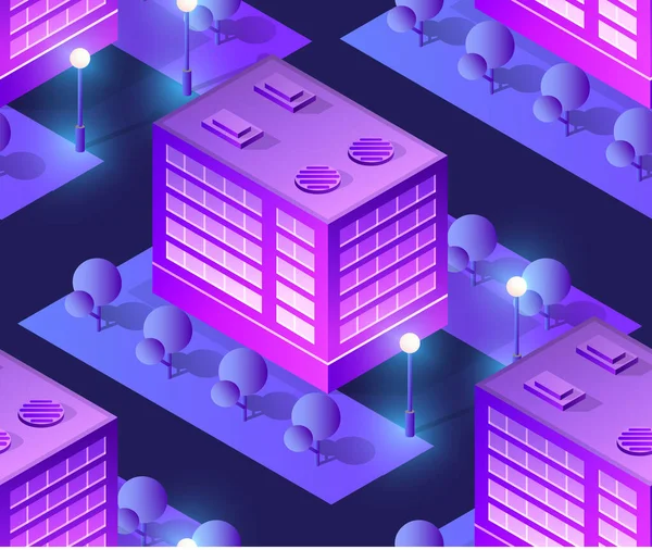 Kusursuz şehir planı haritası. Şehir binaları, gökdelenler, sokaklar ve ağaçların Isometric gece ultraviyole manzara yapısı.