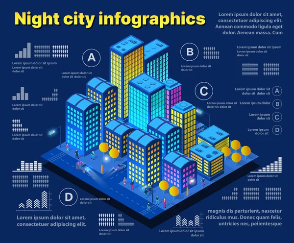 Nacht Slimme Infografische Kaart Info Stad Toekomstige Neon Ultraviolet Set — Stockvector