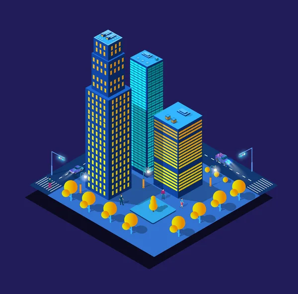 Nacht Slimme Module Blok District Stad Toekomstige Neon Ultraviolet Set — Stockvector