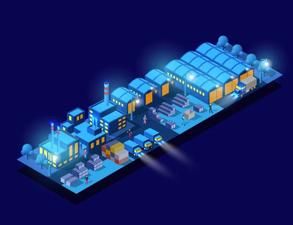 Factories Warehouses Industry Night Neon Purple Smart City Ultraviolet Set — Stock Vector