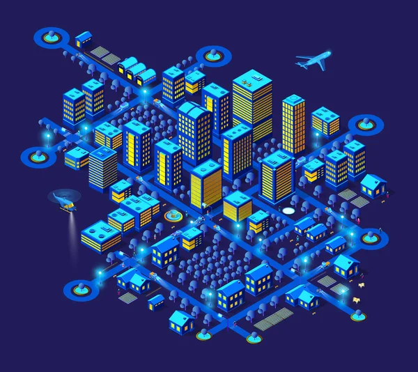 Cidade Inteligente Noite Neon Ultravioleta Conjunto Edifícios Isométricos Casas Com — Vetor de Stock