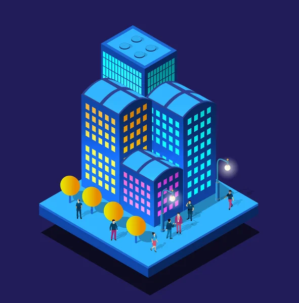 Akıllı şehir gecesi, sokakları ve ulaşımı olan izometrik binalarda yaşayan ultraviyole ışınlar. Vektör tasarımı grafiklerinin kavramsal resim kasabası illüstrasyonu.