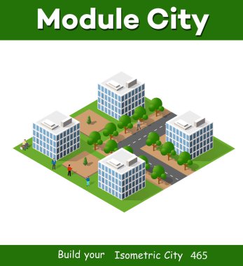 Evlerin, bahçelerin ve sokakların 3D izometrik şehir manzarası