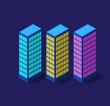 İzometrik modern binalar seti Gece İş Kenti 3D gelecek