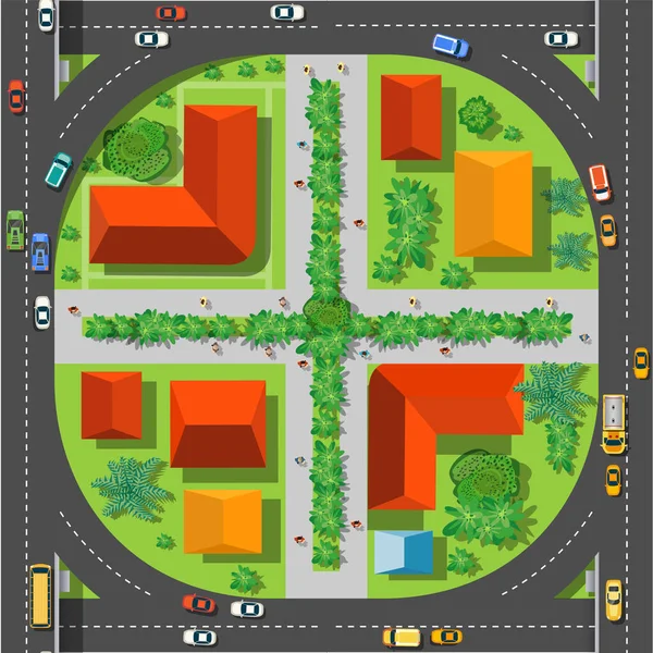 La vue du dessus est une carte du bloc de module de quartier de la ville avec l'infrastructure de la ville — Image vectorielle