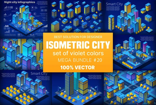 Night neon isometric city set of 3d module block district — Stock Vector