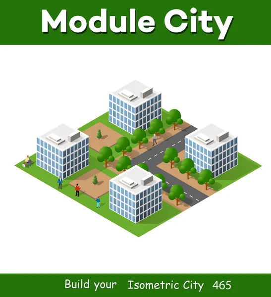 3D isometrische Stadtlandschaft aus Häusern, Gärten und Straßen — Stockvektor