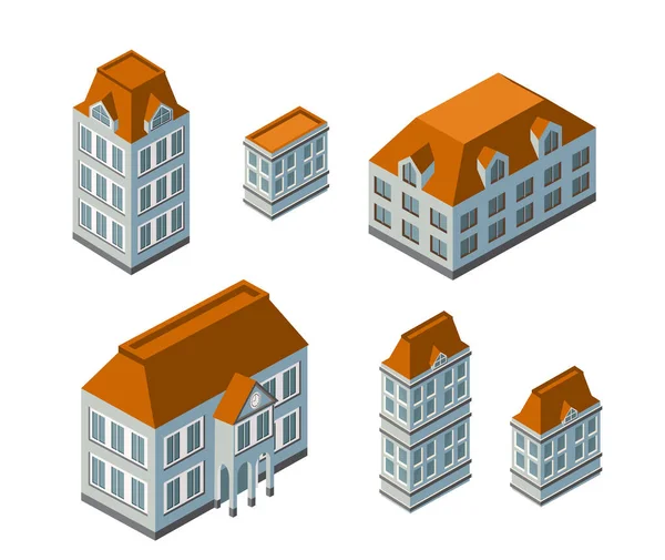 Paisaje urbano isométrico 3D de casas, jardines y calles — Vector de stock