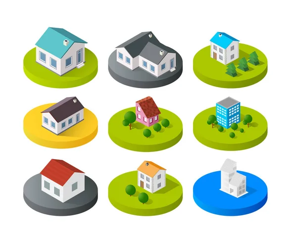 Изометрические векторные 3D иконки городских зданий для набора веб-концепций — стоковый вектор