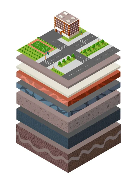 Capas de suelo sección transversal geológica del entorno urbano — Vector de stock