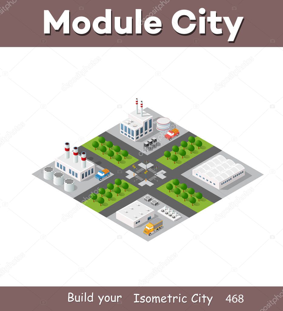 Isometric plant in 3D dimensional projection includes factories