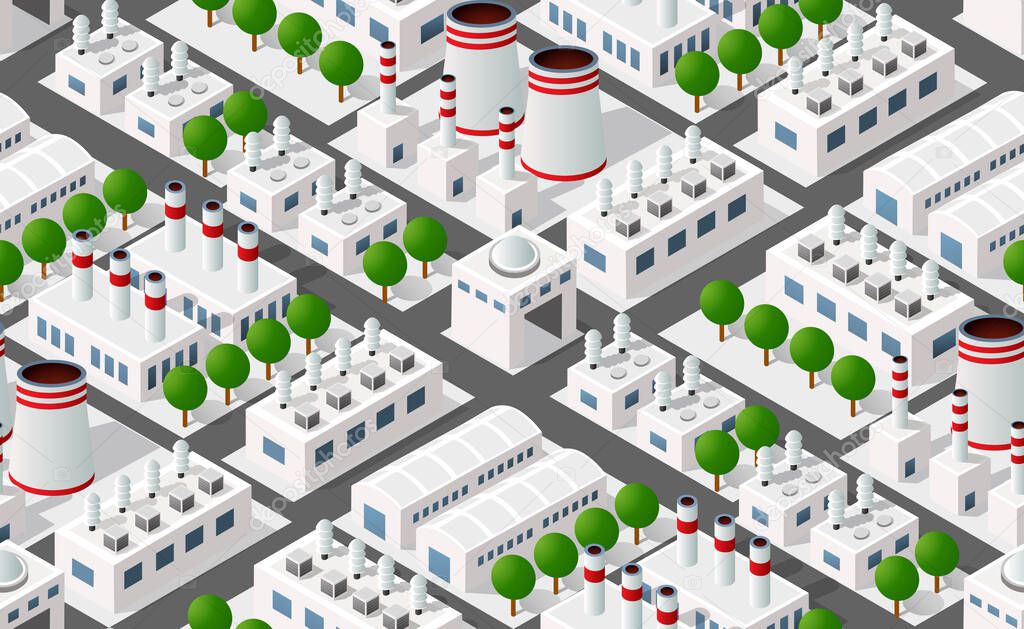 Isometric plant in 3D dimensional projection includes factories