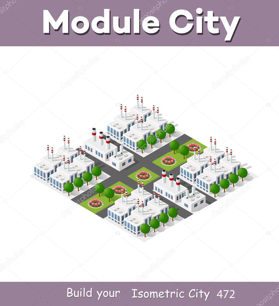 Isometric plant in 3D dimensional projection includes factories