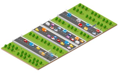Şehir Bulvarı izometrik bulvar. Nakliye arabası, şehir ve asfalt, trafik