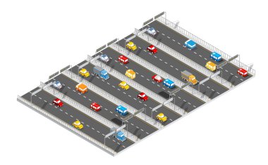 Şehir Bulvarı izometrik bulvar. Nakliye arabası, şehir ve asfalt, trafik