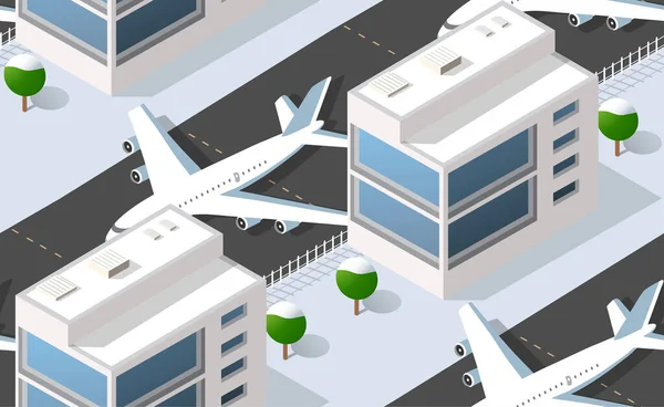 Patrón sin costuras Isométrico aeropuerto de la ciudad 3D con el transporte — Vector de stock