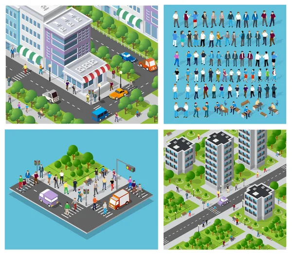 Isometryczny zestaw 3D miasta trójwymiarowy letni kwartał miasta — Wektor stockowy