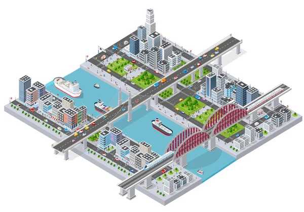 Isometric 3D illustration City dengan tanggul sungai dengan - Stok Vektor